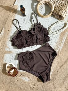 Swim Vcay 女款夏季海灘亮粉色純色3D花朵裝飾比基尼套裝 夏季兩件式套裝 - 棕色 - 查看 1