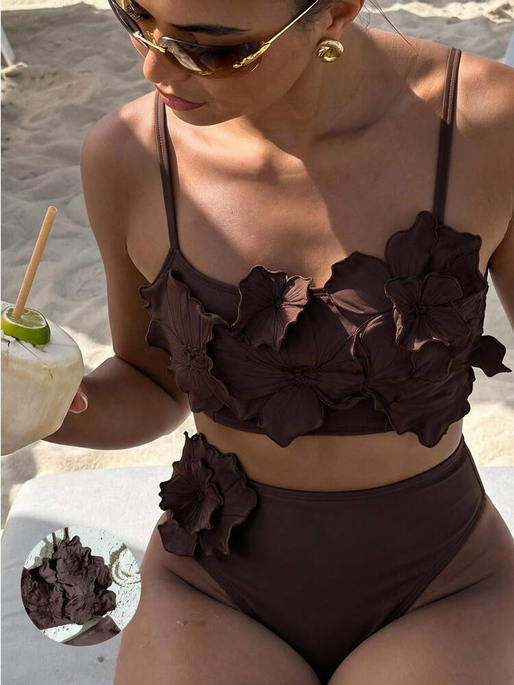 Swim Vcay Women's Summer Beach Hot Pink Solid Color 3D Flower Decorated Bikini Set Summer Two Pieces Set - Brown - View 4