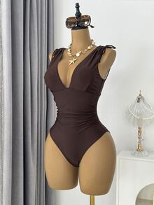 Swim Vcay 1pc Women's Drawstring Backless Deep V-Neck Wireless One-Piece Swimsuit - Coffee Brown - View 5