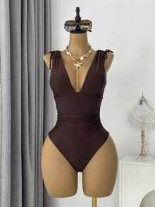 Swim Vcay 1pc Women's Drawstring Backless Deep V-Neck Wireless One-Piece Swimsuit - Coffee Brown - View 2