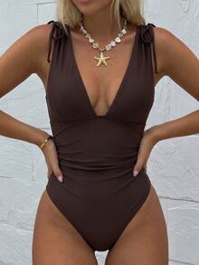 Swim Vcay 1pc Women's Drawstring Backless Deep V-Neck Wireless One-Piece Swimsuit - Coffee Brown - View 7