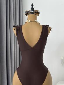 Swim Vcay 1pc Women's Drawstring Backless Deep V-Neck Wireless One-Piece Swimsuit - Coffee Brown - View 10