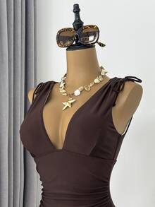 Swim Vcay 1pc Women's Drawstring Backless Deep V-Neck Wireless One-Piece Swimsuit - Coffee Brown - View 4