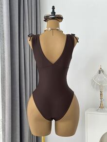 Swim Vcay 1pc Women's Drawstring Backless Deep V-Neck Wireless One-Piece Swimsuit - Coffee Brown - View 3