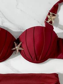 Swim Chiccia Thick Strap Molded Cup Gather Waist Tie Side Starfish Decor Tankini Bikini Set Set - Burgundy - View 9