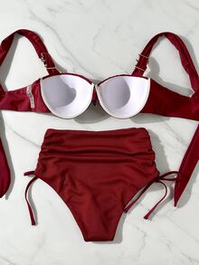 Swim Chiccia Thick Strap Molded Cup Gather Waist Tie Side Starfish Decor Tankini Bikini Set Set - Burgundy - View 3