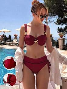 Swim Chiccia Thick Strap Molded Cup Gather Waist Tie Side Starfish Decor Tankini Bikini Set Set - Burgundy - View 4