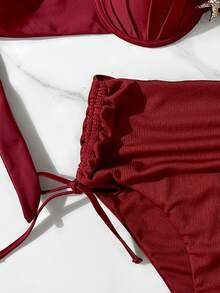 Swim Chiccia Thick Strap Molded Cup Gather Waist Tie Side Starfish Decor Tankini Bikini Set Set - Burgundy - View 8
