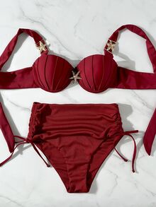 Swim Chiccia Thick Strap Molded Cup Gather Waist Tie Side Starfish Decor Tankini Bikini Set Set - Burgundy - View 2