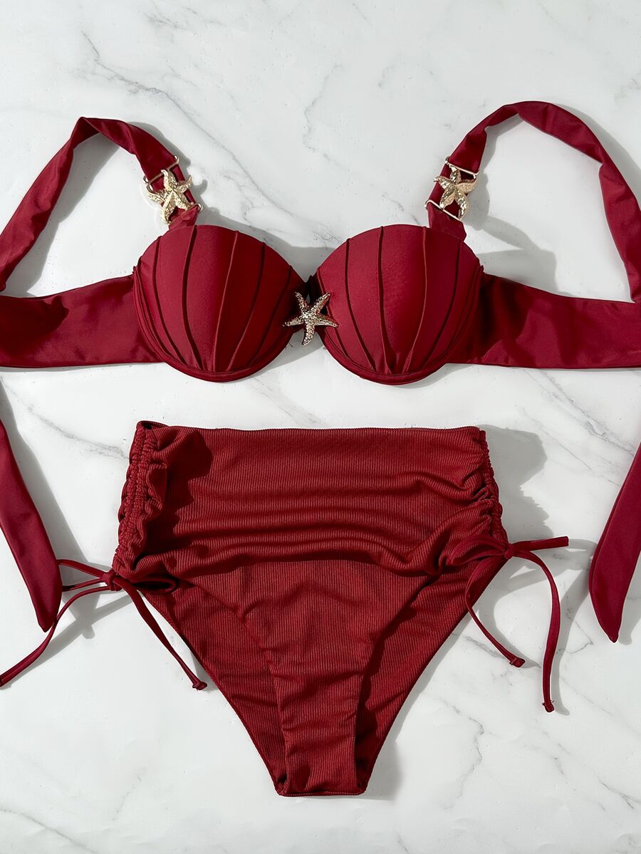 Swim Chiccia Thick Strap Molded Cup Gather Waist Tie Side Starfish Decor Tankini Bikini Set Set
