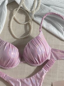 Swim Vcay 可调节肩带钢圈后背系带松紧腰两件套比基尼泳衣套装 女士比基尼套装 闪亮比基尼套装 - 粉色 - 查看 3