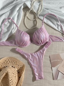 Swim Vcay 可调节肩带钢圈后背系带松紧腰两件套比基尼泳衣套装 女士比基尼套装 闪亮比基尼套装 - 粉色 - 查看 4