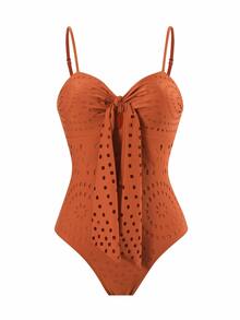Swim Oasis 女士V领焦糖棕色镂空连体泳衣 - 棕色 - 查看 5