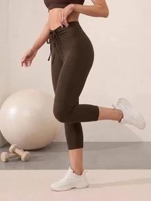 Easithlete Sports Coffee Brown Capri Length Low Waist Drawstring Fashion Design Tight Elastic Butt Lifting Leggings Gym Summer Baggy Low Rise Low Waist Oversized - Coffee Brown - View 1