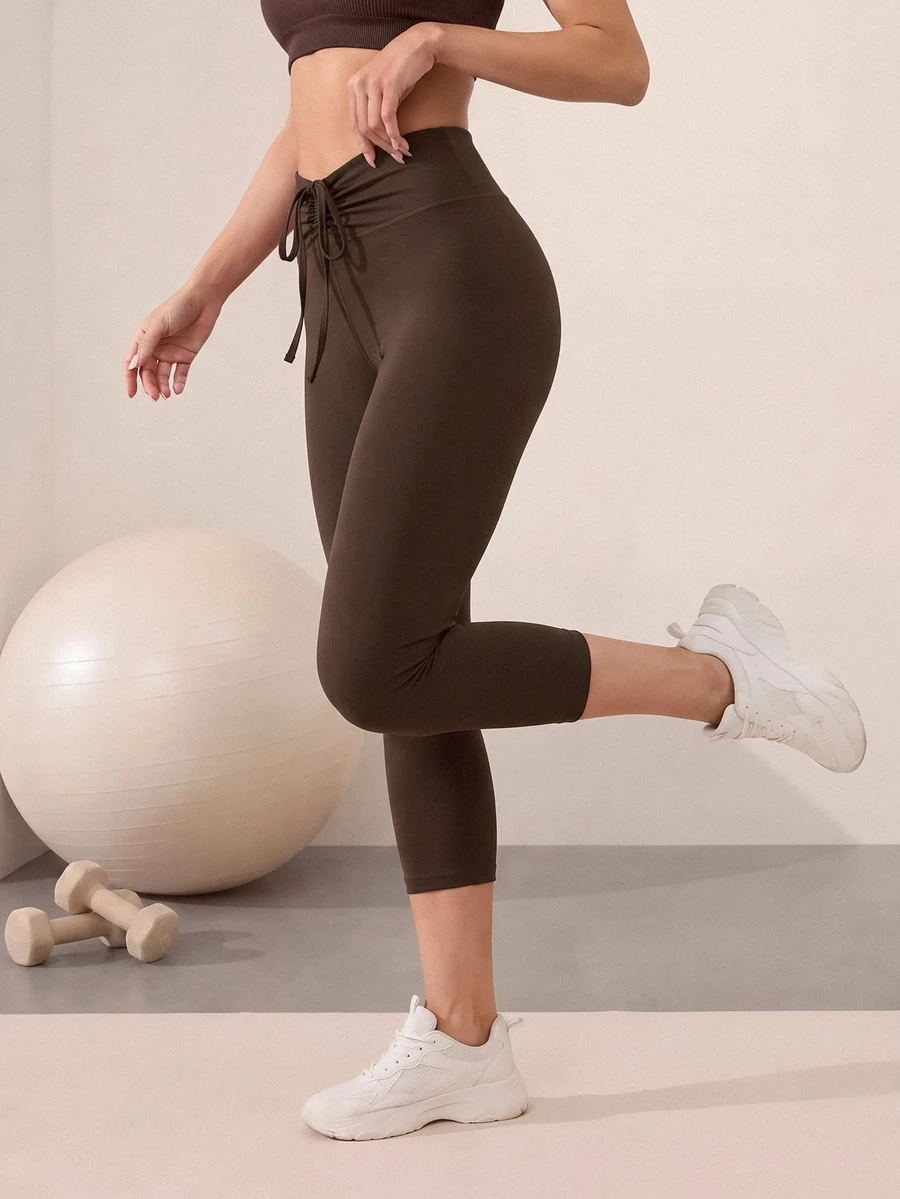 Easithlete Sports Coffee Brown Capri Length Low Waist Drawstring Fashion Design Tight Elastic Butt Lifting Leggings Gym Summer Baggy Low Rise Low Waist Oversized - Coffee Brown - View 1
