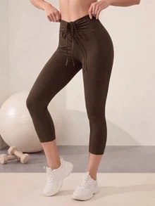 Easithlete Sports Coffee Brown Capri Length Low Waist Drawstring Fashion Design Tight Elastic Butt Lifting Leggings Gym Summer Baggy Low Rise Low Waist Oversized - Coffee Brown - View 3