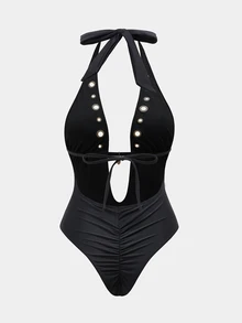Oceva Baju Renang Wanita One-Piece Punggung Terbuka Tali Leher untuk Pantai Pesta Klub Hitam dan Emas Musim Panas Seksi - Hitam - View 10