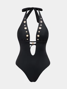 Oceva Baju Renang Wanita One-Piece Punggung Terbuka Tali Leher untuk Pantai Pesta Klub Hitam dan Emas Musim Panas Seksi - Hitam - View 9
