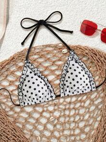 Swim Mod 2026 New Cute Polka Dot Plus Size Swimwear Top, Summer Beach Single Ruffle Bust Swimwear For Women, European And American Cross-Border - Black and White - View 7