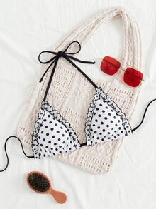 Swim Mod 2026 New Cute Polka Dot Plus Size Swimwear Top, Summer Beach Single Ruffle Bust Swimwear For Women, European And American Cross-Border - Black and White - View 6