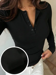 DAZY 女款休閒百搭純色長袖T恤，適合居家日常穿著，黑色，冬季日間款 - 黑色 - 查看 3