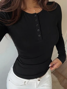DAZY 女款休閒百搭純色長袖T恤，適合居家日常穿著，黑色，冬季日間款 - 黑色 - 查看 7