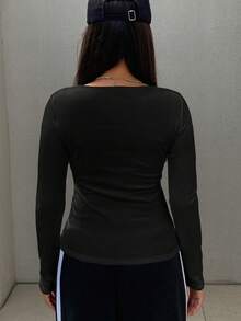 DAZY 女款冬季百搭純色保暖T恤 日常居家黑色休閒秋季家居服 - 黑色 - 查看 3