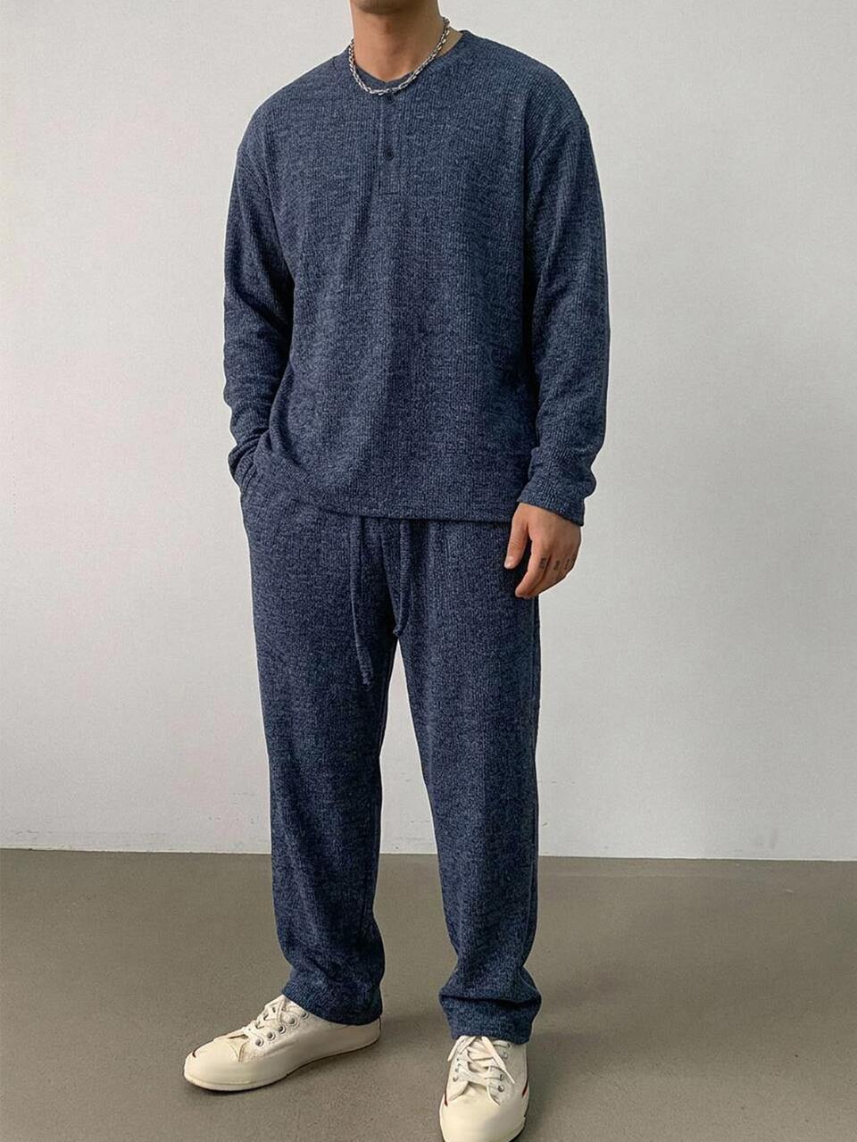 Long Sleeve Knit Fabric V-Neck Half-Button Front Navy Blue Men's T-Shirt And Pants Set Fall