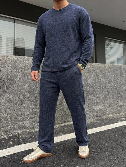 DAZY Long Sleeve Knit Fabric V-Neck Half-Button Front Navy Blue Men's T-Shirt And Pants Set Fall