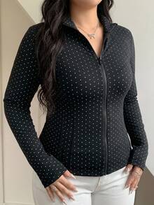 Dazy Plus Black Polka Dot Outdoor Raglan Sleeve Slim Fit Waist Cinched Sports Jacket Spring/Autumn New - Black - View 2