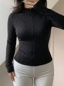 Dazy Plus Black Polka Dot Outdoor Raglan Sleeve Slim Fit Waist Cinched Sports Jacket Spring/Autumn New - Black - View 4