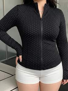 Dazy Plus Black Polka Dot Outdoor Raglan Sleeve Slim Fit Waist Cinched Sports Jacket Spring/Autumn New - Black - View 6