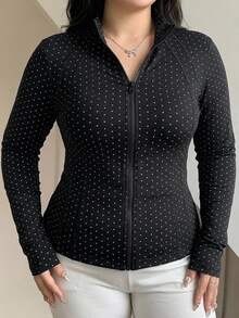 Dazy Plus Black Polka Dot Outdoor Raglan Sleeve Slim Fit Waist Cinched Sports Jacket Spring/Autumn New - Black - View 1