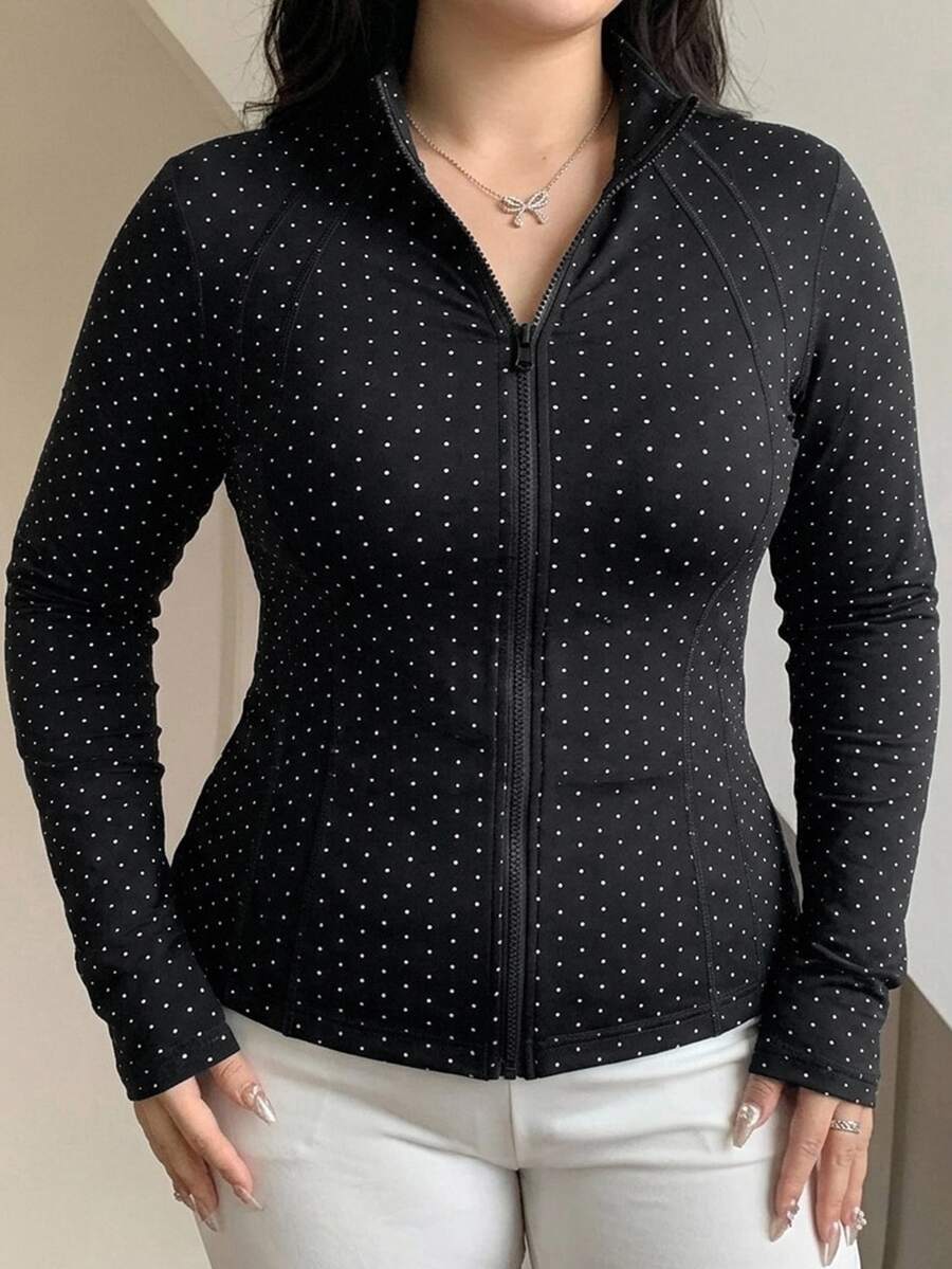 Dazy Plus Black Polka Dot Outdoor Raglan Sleeve Slim Fit Waist Cinched Sports Jacket Spring/Autumn New - Black - View 1