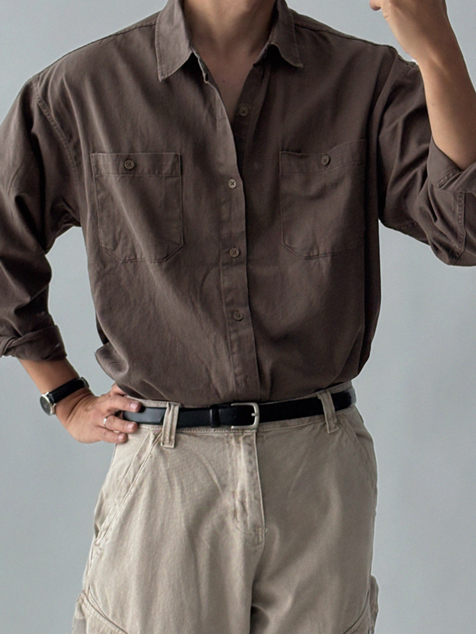 Brown Lightweight Long Sleeve Solid Color Commuter Men's Shirt Fall