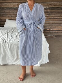 Dazy Plus Striped Loose Tie Long Sleeve Home Wear Long Blue Spring Autumn Robe - Blue and White - View 6