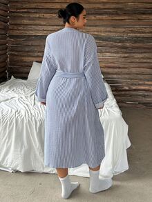 Dazy Plus Striped Loose Tie Long Sleeve Home Wear Long Blue Spring Autumn Robe - Blue and White - View 7