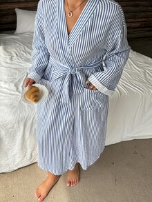 Dazy Plus Striped Loose Tie Long Sleeve Home Wear Long Blue Spring Autumn Robe - Blue and White - View 5