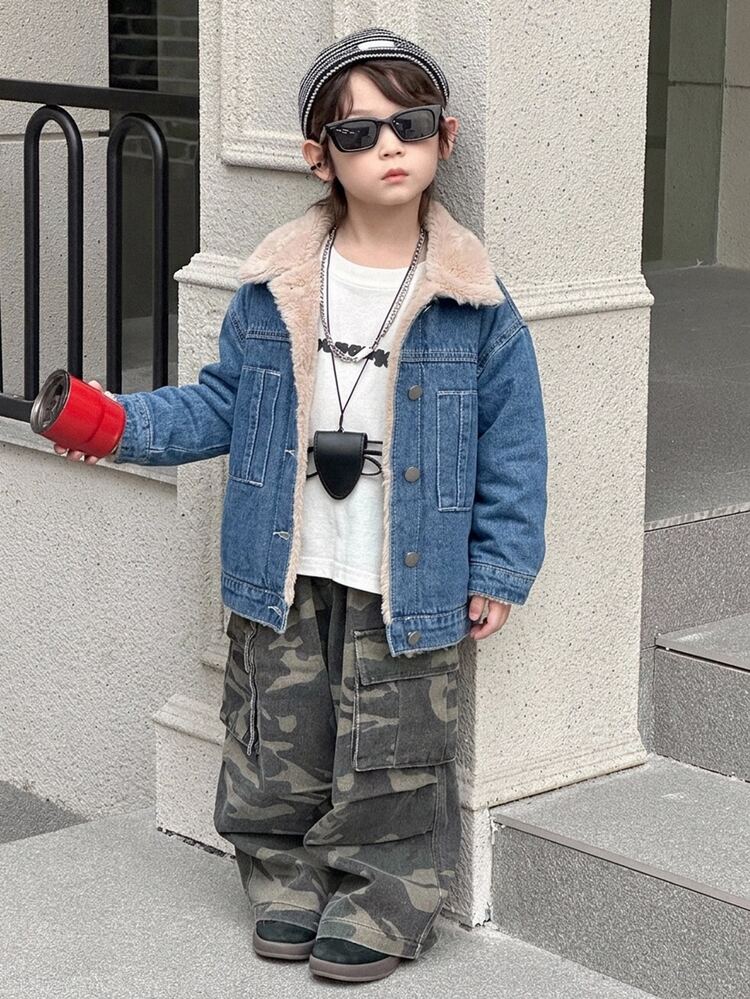DAZY Turn-Down Collar Contrast Color Loose Denim Washed Patchwork Lamb Fleece Thick Autumn/Winter Young Boys Cotton Padded Coat - Blue - View 1