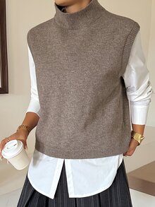 Dazy Plus Solid Color Casual High Neck Versatile Spring/Autumn Sleeveless Pullover Vest Sweater - Khaki - View 7