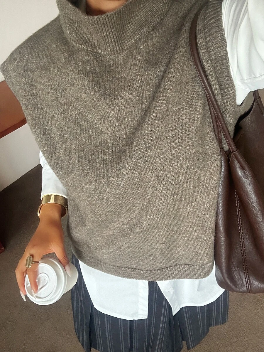 Dazy Plus Solid Color Casual High Neck Versatile Spring/Autumn Sleeveless Pullover Vest Sweater - Khaki - View 1