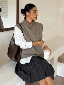 Dazy Plus Solid Color Casual High Neck Versatile Spring/Autumn Sleeveless Pullover Vest Sweater - Khaki - View 4