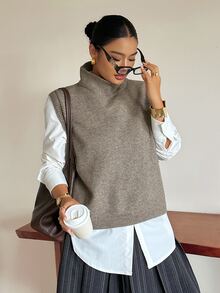 Dazy Plus Solid Color Casual High Neck Versatile Spring/Autumn Sleeveless Pullover Vest Sweater - Khaki - View 3