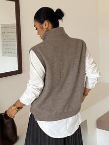 Dazy Plus Solid Color Casual High Neck Versatile Spring/Autumn Sleeveless Pullover Vest Sweater - Khaki - View 2