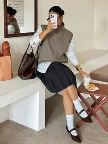 Dazy Plus Solid Color Casual High Neck Versatile Spring/Autumn Sleeveless Pullover Vest Sweater - Khaki - View 6