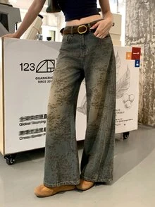 DAZY Women's 3D Print Loose Straight Leg Jeans, Vacation Style Fall Everyday Daytime Dark Grey Vintage Retro Streetwear Night Out Travel - Medium Wash - View 6