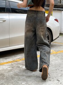 DAZY Women's 3D Print Loose Straight Leg Jeans, Vacation Style Fall Everyday Daytime Dark Grey Vintage Retro Streetwear Night Out Travel - Medium Wash - View 3
