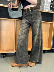 DAZY Women's 3D Print Loose Straight Leg Jeans, Vacation Style Fall Everyday Daytime Dark Grey Vintage Retro Streetwear Night Out Travel - Medium Wash - View 5