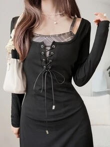 FRIFUL Women's Early Autumn New Korean Style Patchwork Plaid Collar Tie Drawstring 2 In 1 Long Dress Cute Tops - Black - View 6