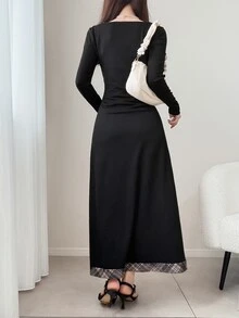 FRIFUL Women's Early Autumn New Korean Style Patchwork Plaid Collar Tie Drawstring 2 In 1 Long Dress Cute Tops - Black - View 2